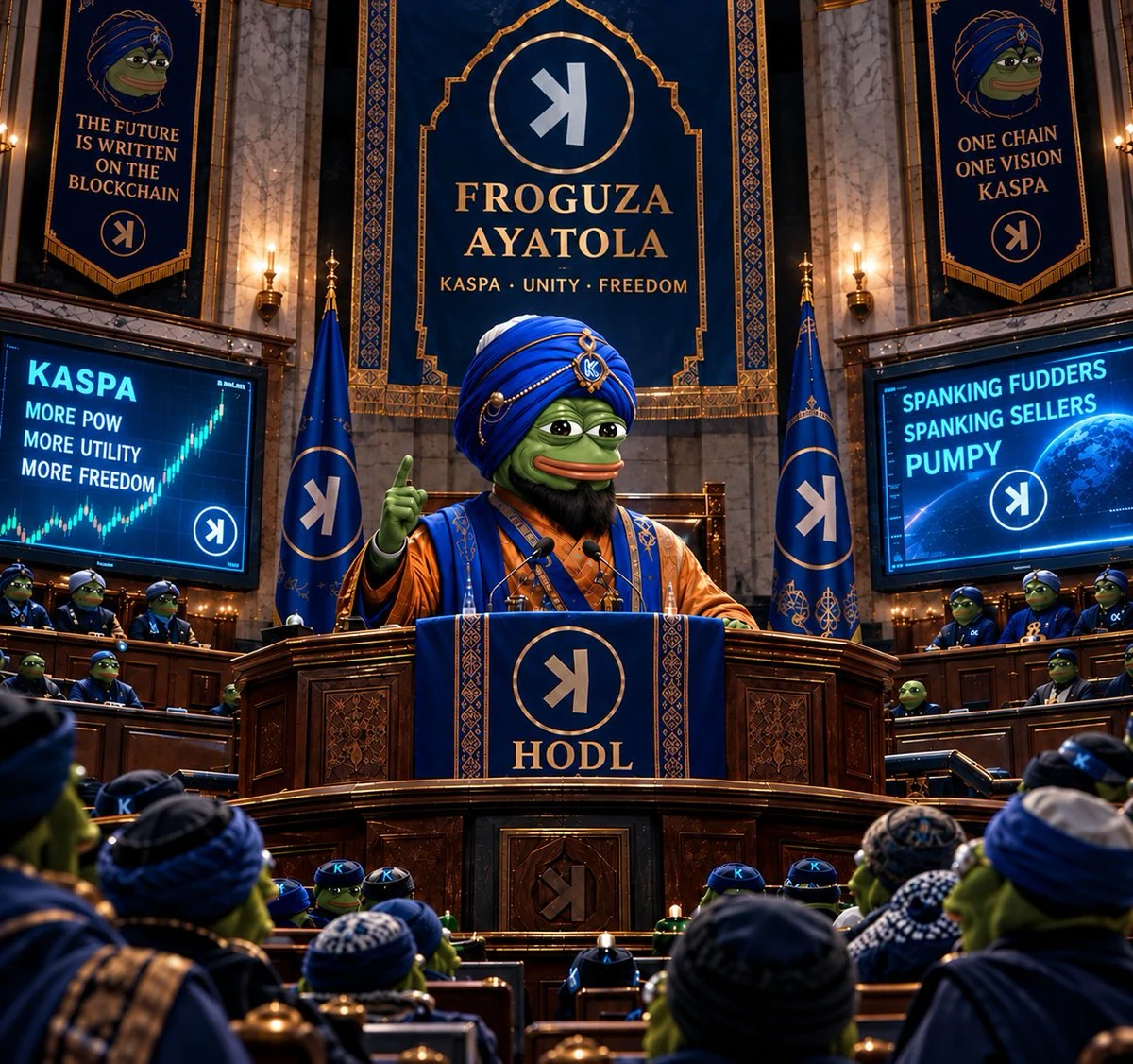 FROGUZA Ayatola presiding over an assembly of frogs in a grand blue and gold hall