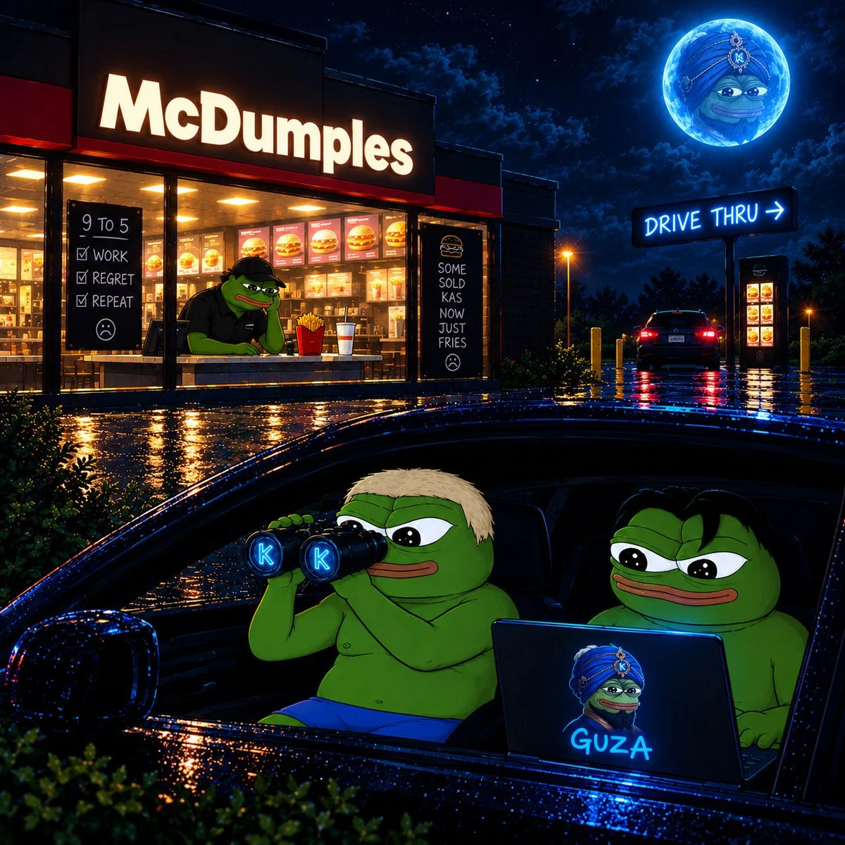The frog field team outside McDumples at night